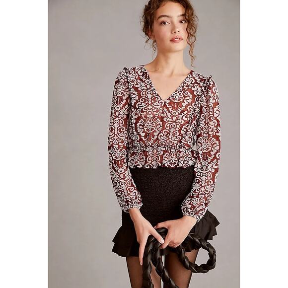 By Anthropologie Jacquard Peasant Blouse Women's Blouse Wine M Ruffle Peplum - Picture 2 of 8